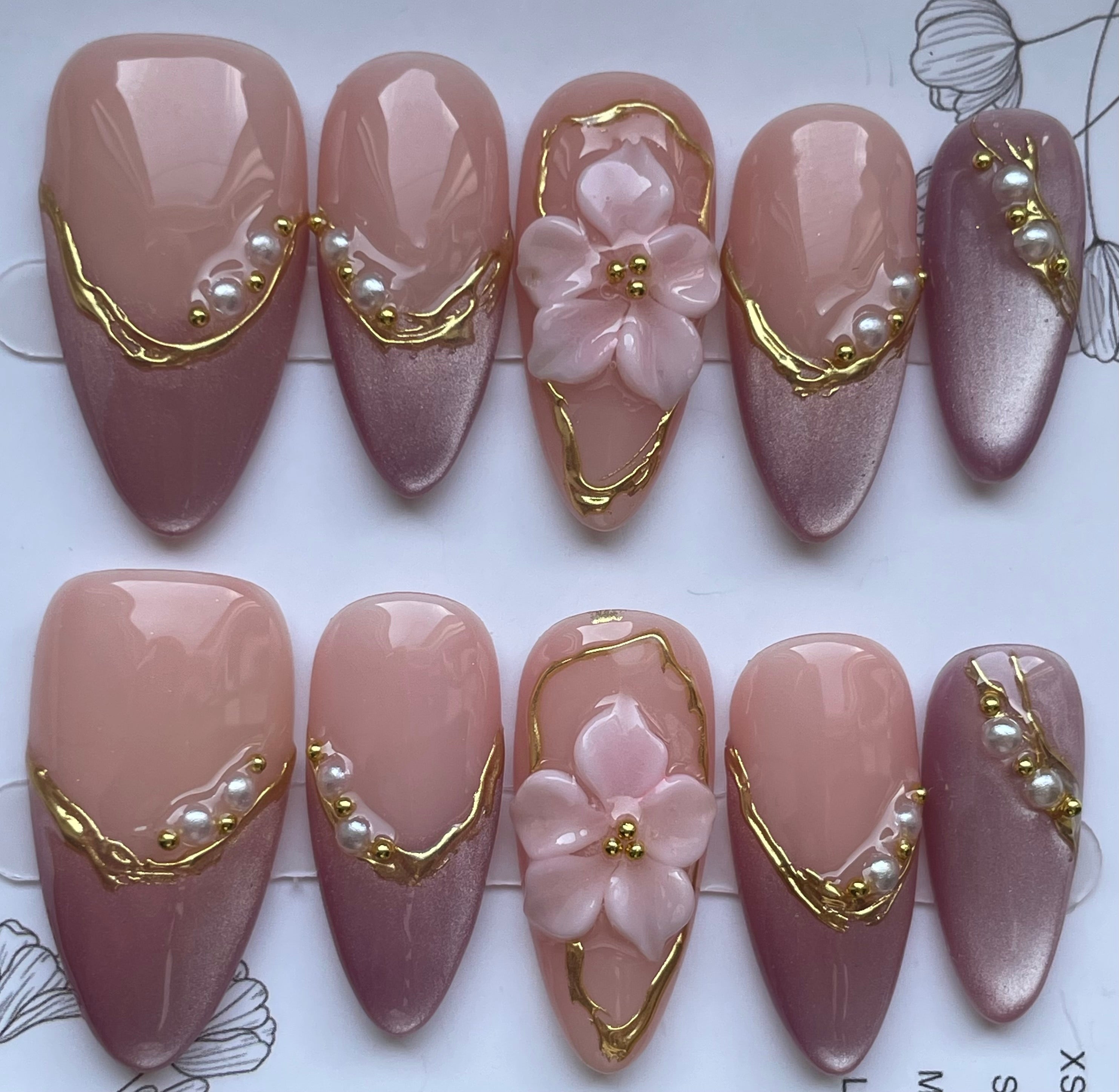 Blush 3D flower gold chrome