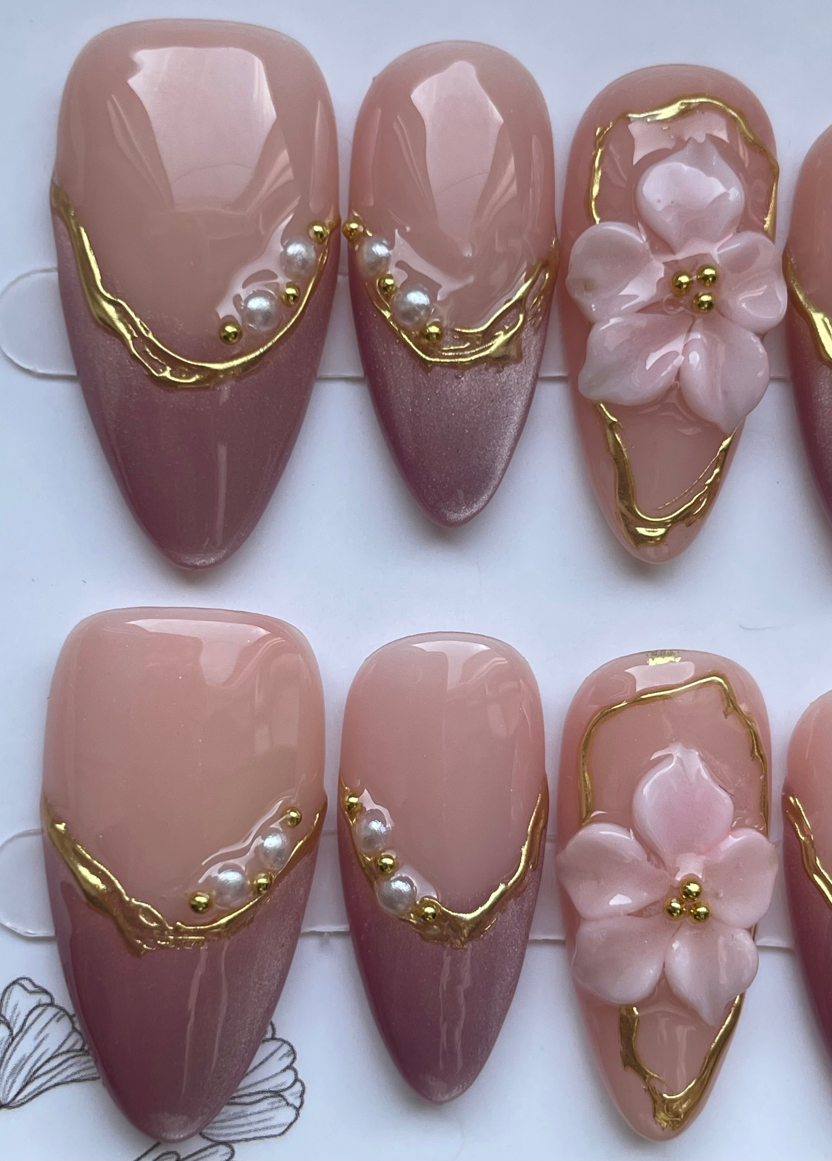 Blush 3D flower gold chrome